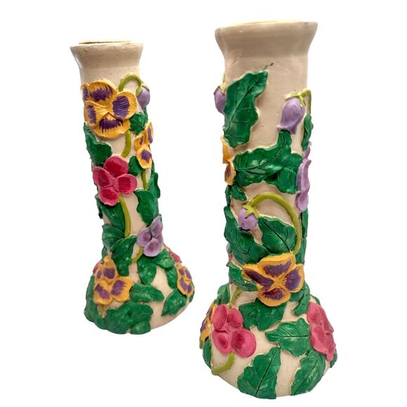 Vintage Floral Hand Painted Candle Holders 3D Resin & Brass Colorful 7" Flowers - Picture 9 of 10